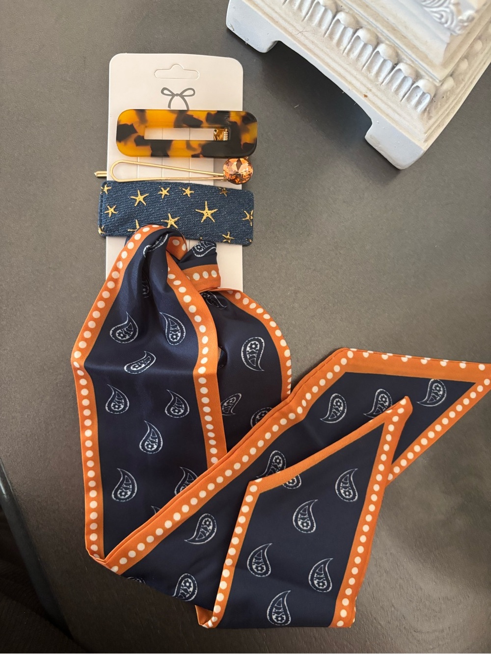 Navy & Orange Paisley Neck Scarf with Hair Clip Set